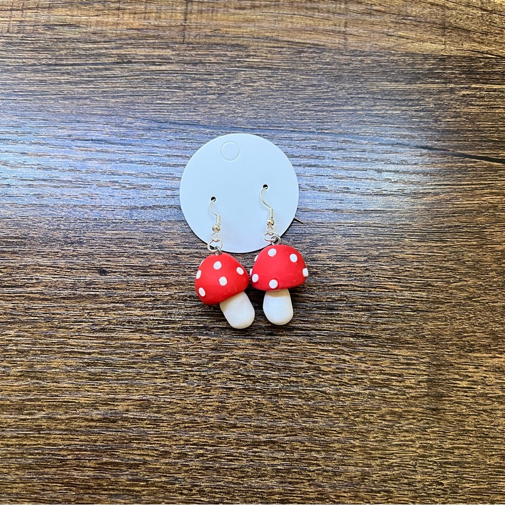 Handmade Red Cap Mushroom Earrings - Picture 2 of 7